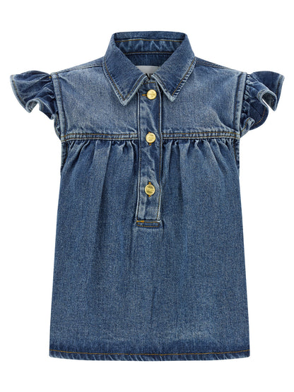 Shirt by Ganni for women in lyocell denim blue, featuring a nuanced and nuanced shirt-collar neckline for a sophisticated finish.