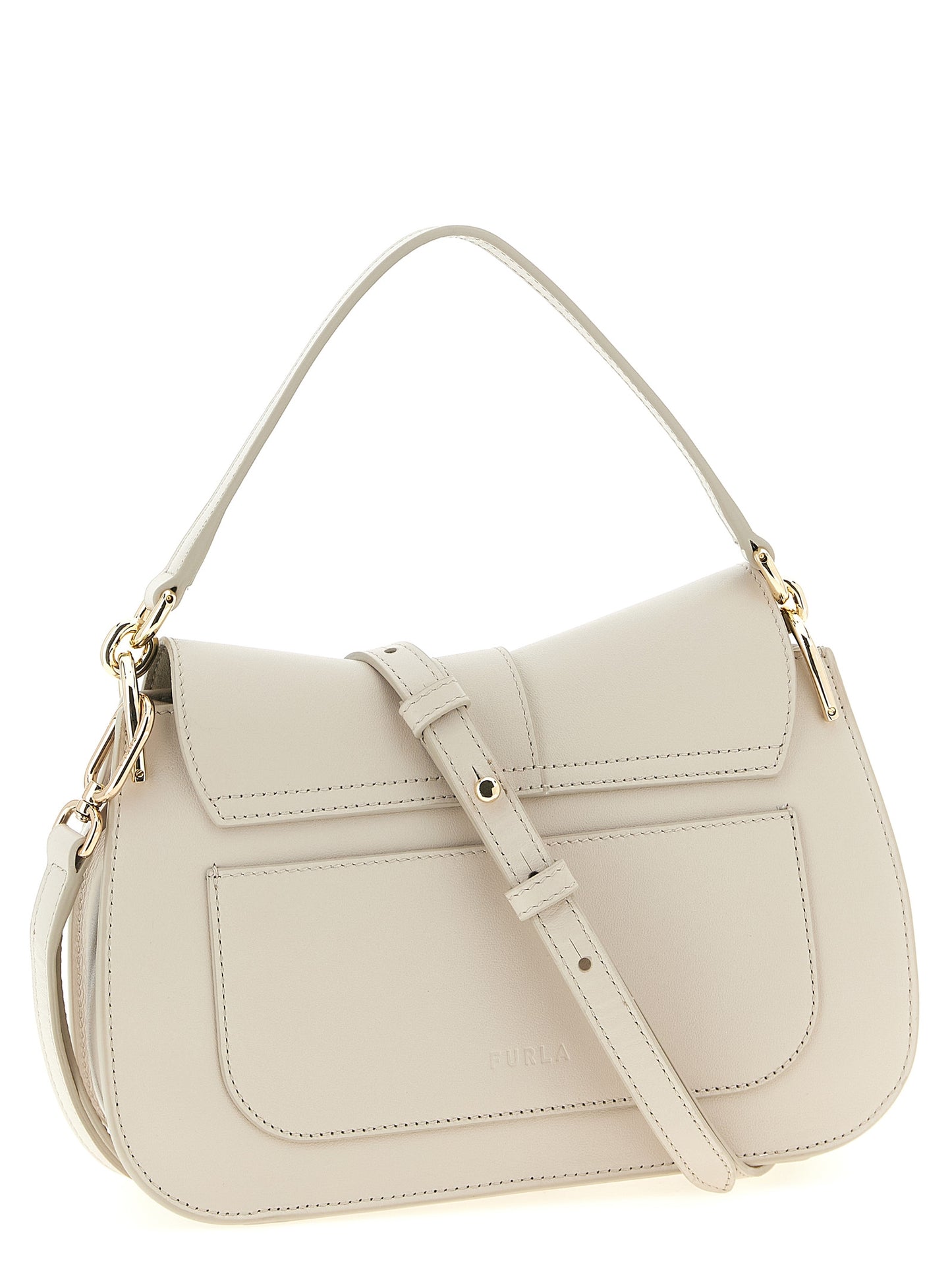 Shoulder Sling Flap Bag by Furla for women in calfskin leather beige presents a statuesque silhouette, showcasing a secure flap and statuesque with versatile shoulder-strap, adjustable-strap & handle for a sophisticated look.