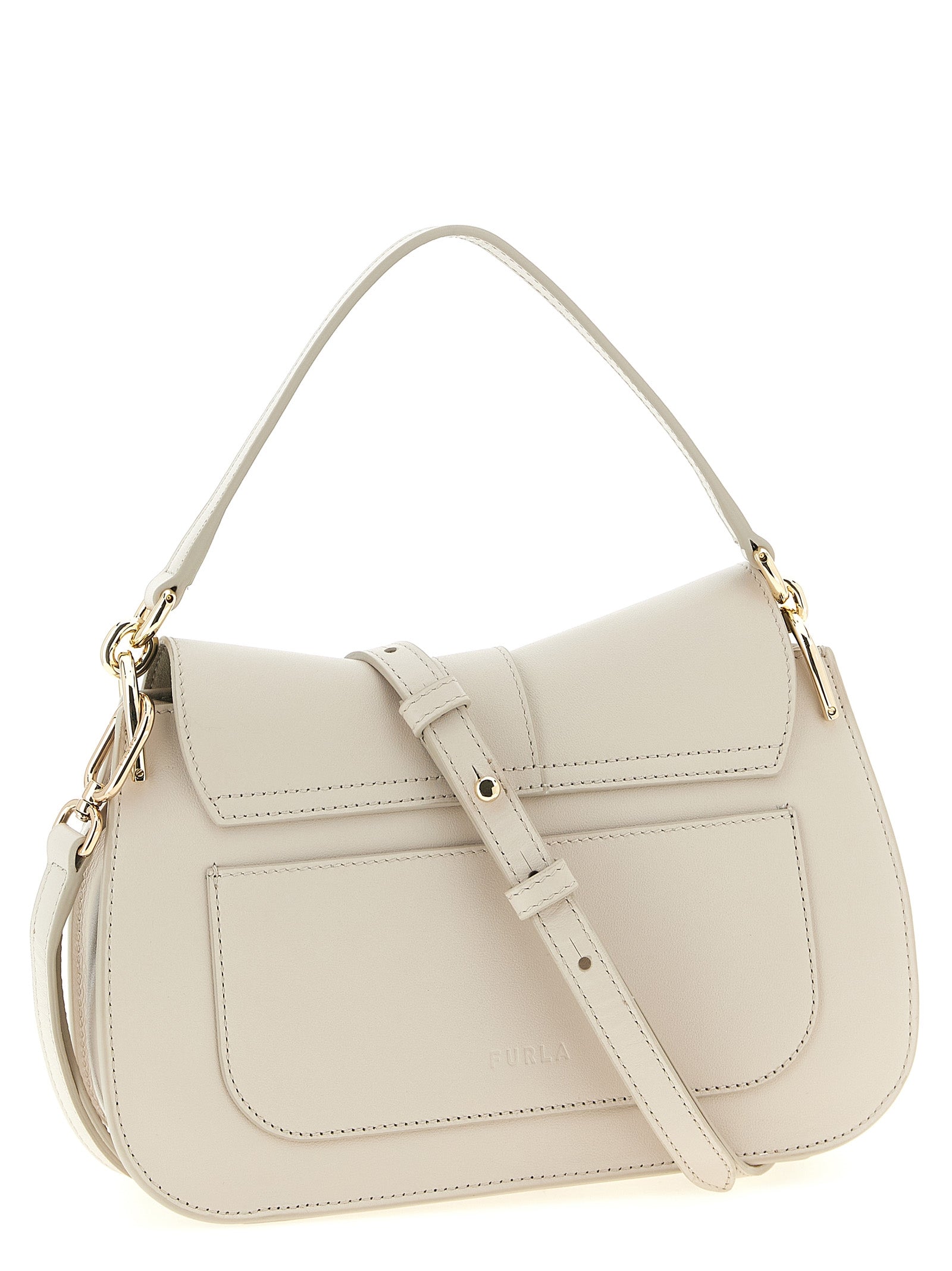 Shoulder Sling Flap Bag by Furla for women in calfskin leather beige presents a statuesque silhouette, showcasing a secure flap and statuesque with versatile shoulder-strap, adjustable-strap & handle for a sophisticated look.