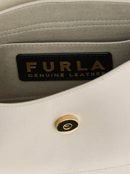 Shoulder Sling Flap Bag by Furla for women in calfskin leather beige features a statuesque silhouette, showcasing a secure flap and statuesque with versatile shoulder-strap, adjustable-strap & handle for a statuesque finish.
