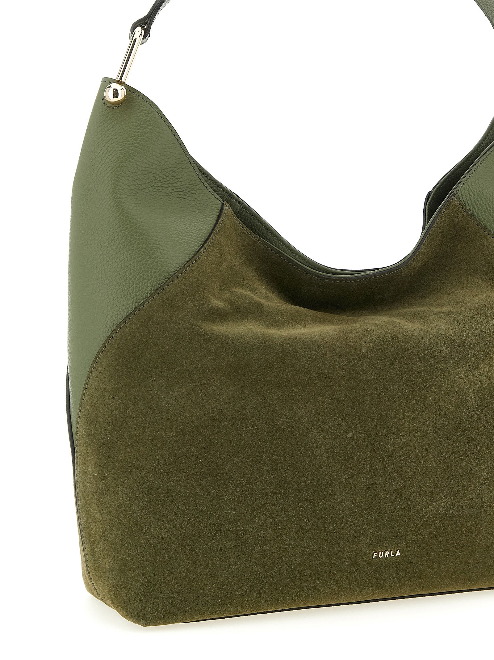 Large Shoulder Bag by Furla for women in calfskin leather bicolour & green showcases a statuesque silhouette, artfully detailed with a secure magnetic, organized , and versatile shoulder-strap & handle for a statuesque look.