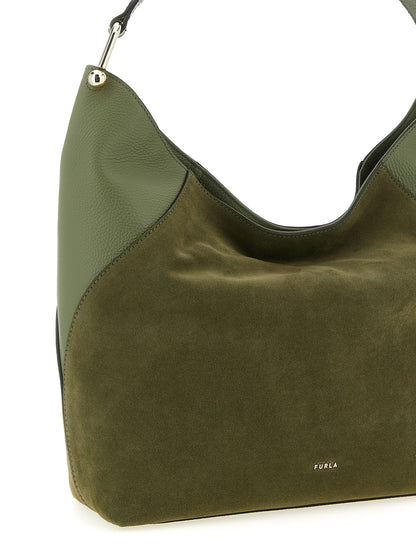 Large Shoulder Bag by Furla for women in calfskin leather bicolour & green showcases a statuesque silhouette, artfully detailed with a secure magnetic, organized , and versatile shoulder-strap & handle for a statuesque look.