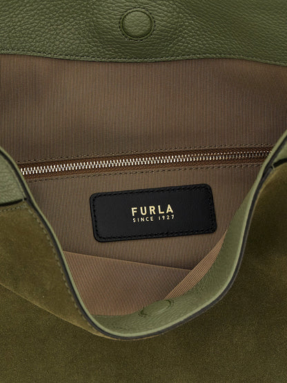 Large Shoulder Bag by Furla for women in calfskin leather bicolour & green features a stately silhouette, showcasing a secure magnetic, ample , and stately shoulder-strap & handle for a stately finish.