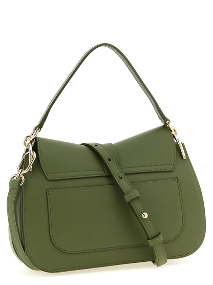 Shoulder Flap Bag by Furla for women in calfskin leather bicolour & green features an effortlessly chic silhouette with a secure flap, ample , and versatile shoulder-strap, adjustable-strap & handle for effortlessly chic everyday luxury.