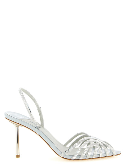 High-Heel Stiletto Sandals by LE SILLA for women in goatskin leather & rhinestone gray features an statuesque Women's Goatskin Leather & Rhinestone High-Heel Stiletto Sandals silhouette with a refined stiletto high-heel and elegant pointed toe style.