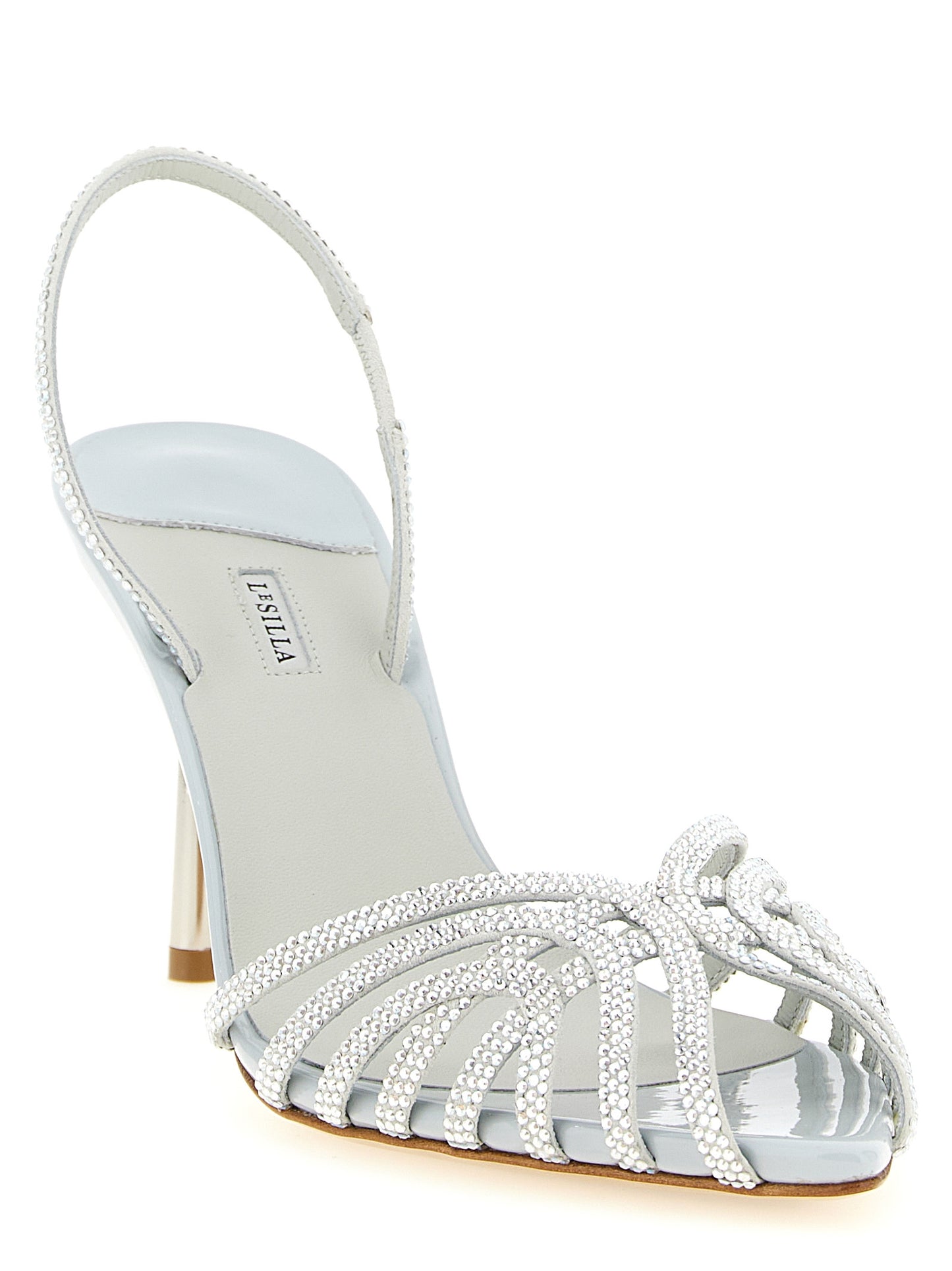 High-Heel Stiletto Sandals by LE SILLA for women in goatskin leather & rhinestone gray features an architectural design from the Women's Goatskin Leather & Rhinestone High-Heel Stiletto Sandals collection, defined by a architectural stiletto high-heel and pointed toe style for a architectural finish.