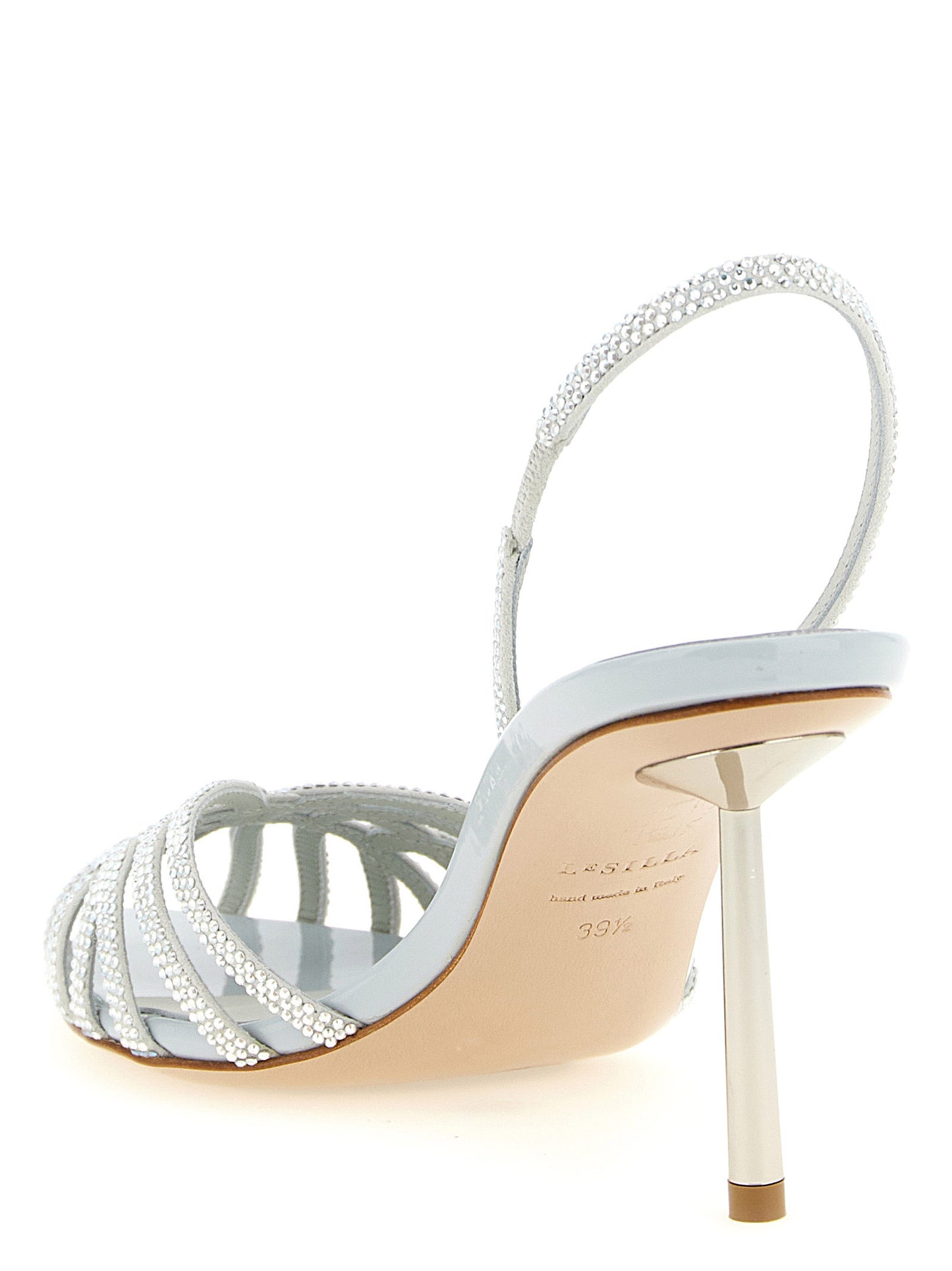 High-Heel Stiletto Sandals by LE SILLA for women in goatskin leather & rhinestone gray features an effortlessly chic silhouette from the Women's Goatskin Leather & Rhinestone High-Heel Stiletto Sandals collection, showcasing a effortlessly chic stiletto high-heel and elegant pointed toe style.