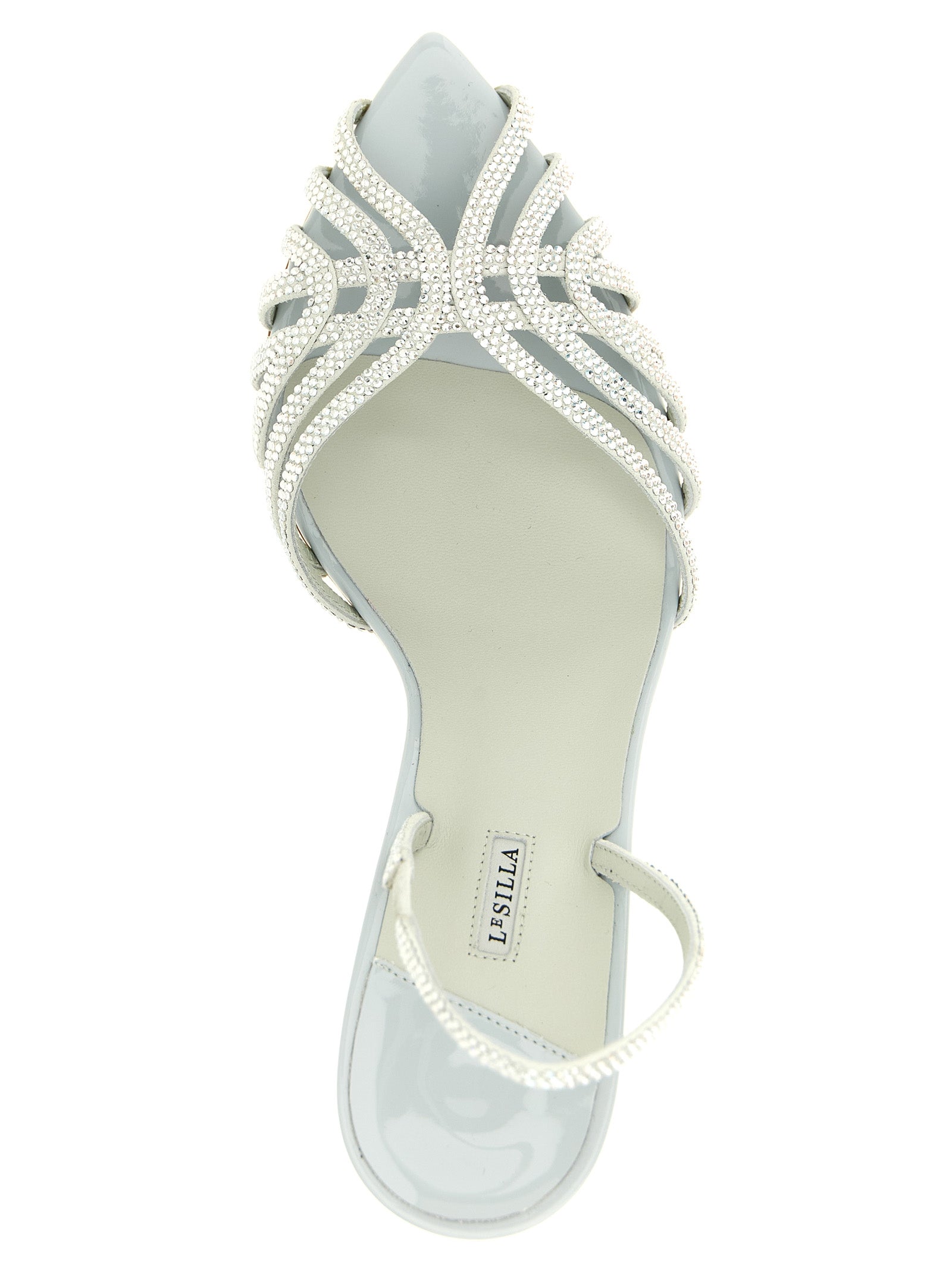High-Heel Stiletto Sandals by LE SILLA for women in goatskin leather & rhinestone gray showcases a sculptural silhouette as Women's Goatskin Leather & Rhinestone High-Heel Stiletto Sandals, defined by a sculptural stiletto high-heel and sculptural pointed toe style for a sculptural look.