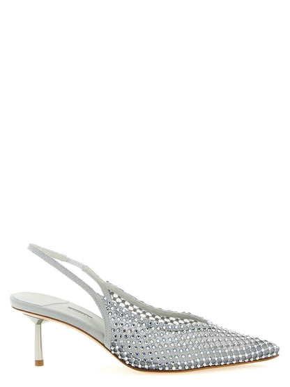 Mid-Heel Stiletto Slingback Pumps Heels by LE SILLA for women in polyamide polyester cotton canvas gray, silver & transparent features an effortlessly chic silhouette from the Women's Polyamide Polyester Cotton Canvas Mid-Heel Stiletto Slingback Pumps Heels collection, showcasing a stiletto mid-heel and effortlessly chic pointed toe style for a effortlessly chic look.