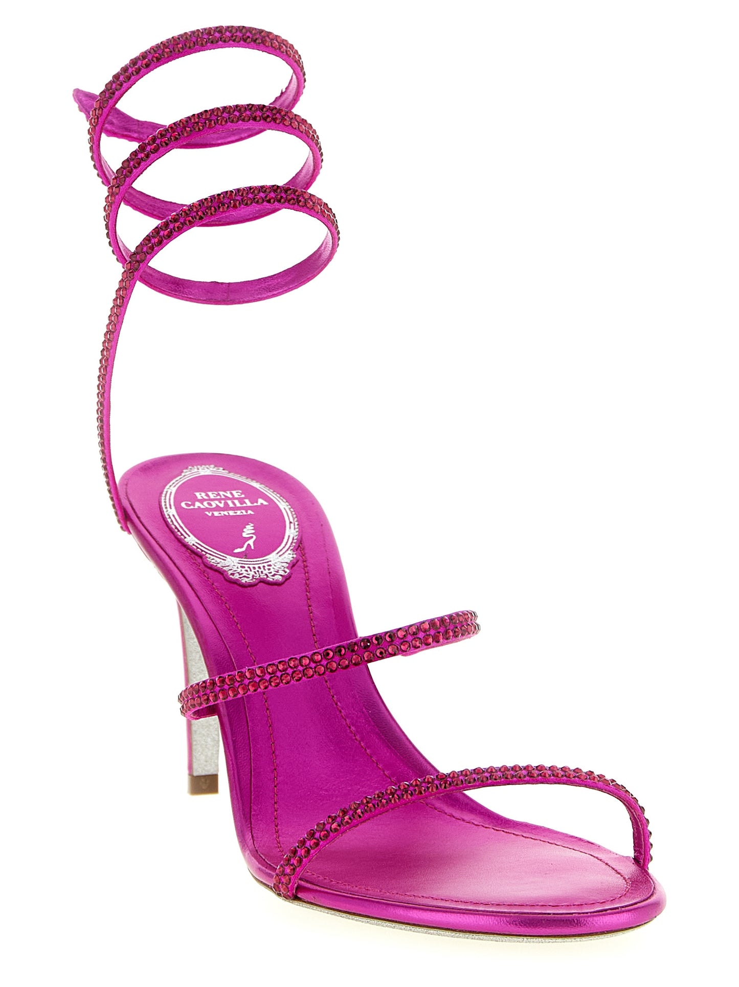 Stiletto Sandals by RENE CAOVILLA for women in viscose silk & leather fuchsia presents a sculptural silhouette, showcasing the Women's Viscose Silk & Leather Stiletto Sandals design with a sculptural stiletto and for a premium look.