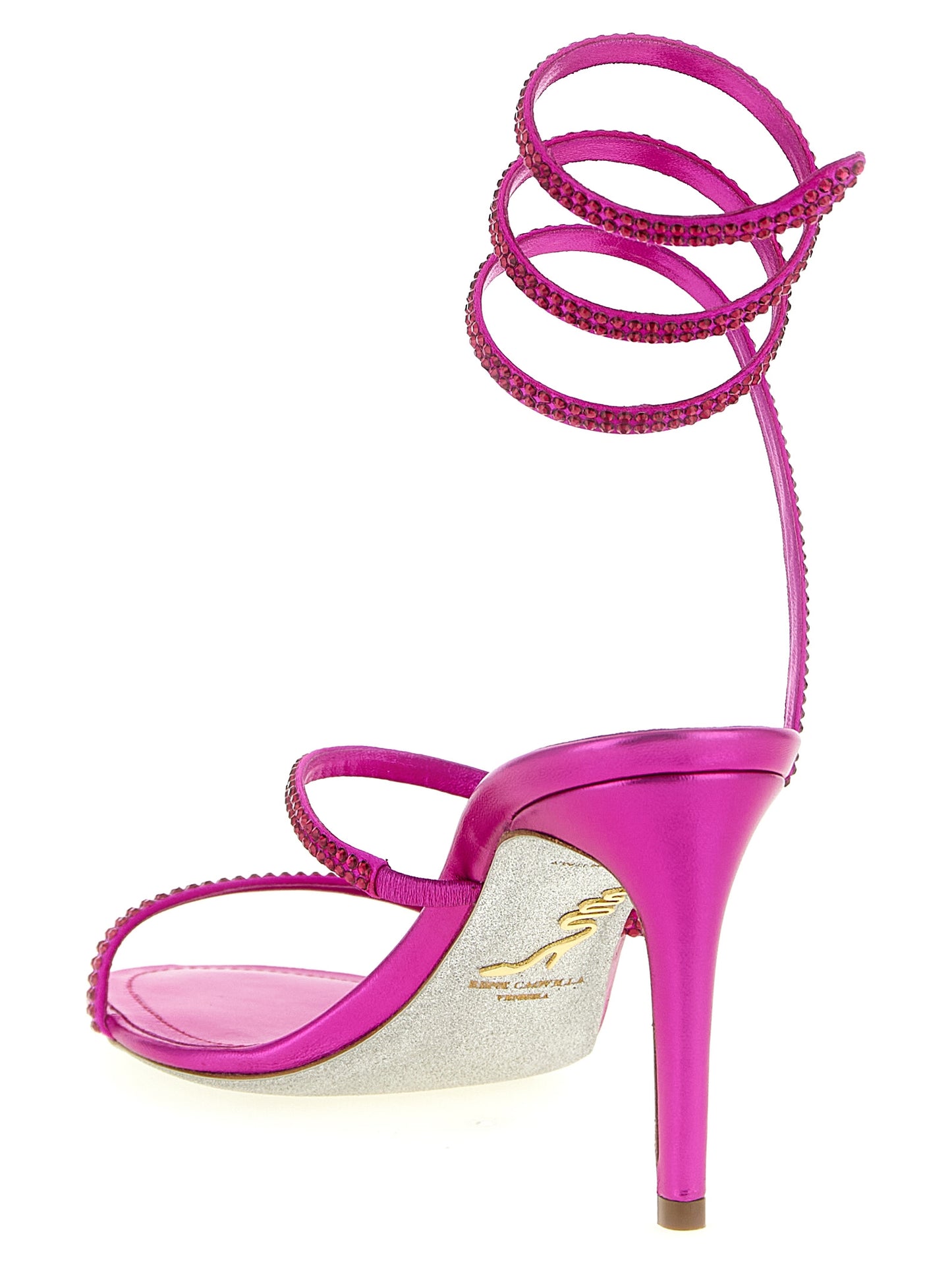 Stiletto Sandals by RENE CAOVILLA for women in viscose silk & leather fuchsia features an statuesque Women's Viscose Silk & Leather Stiletto Sandals silhouette with a refined stiletto and elegant .