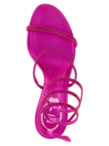 Stiletto Sandals by RENE CAOVILLA for women in viscose silk & leather fuchsia features an exquisite silhouette, showcasing the exquisite Women's Viscose Silk & Leather Stiletto Sandals with a stiletto and .
