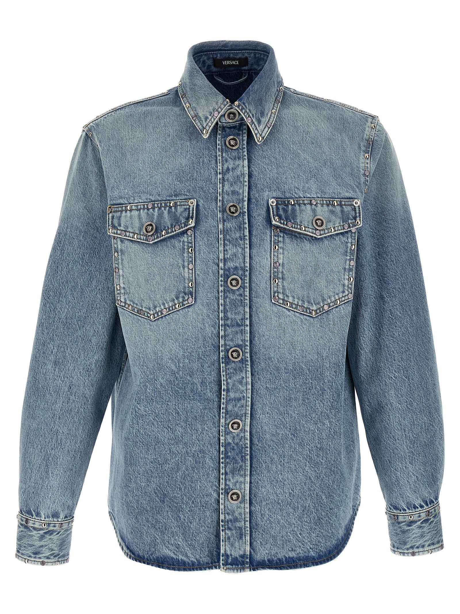 Shirt by Versace for men in denim cotton light-blue showcases a sharp silhouette, elegantly detailed with a sharp and sharp .