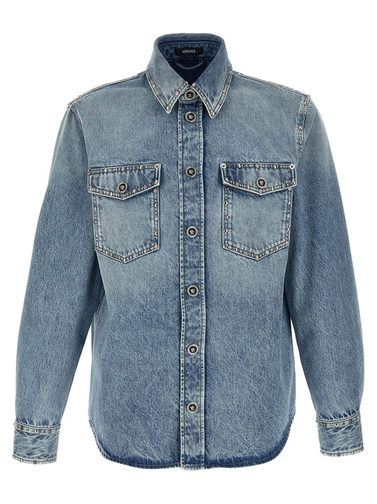 Shirt by Versace for men in denim cotton light-blue showcases a sharp silhouette, elegantly detailed with a sharp and sharp .