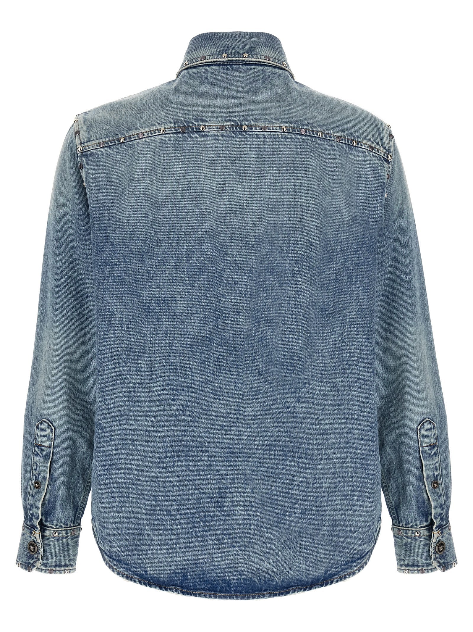 Shirt by Versace for men in denim cotton light-blue, featuring a nuanced and nuanced for a sophisticated finish.