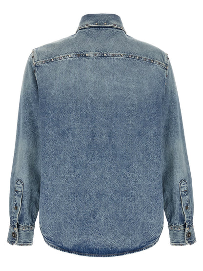 Shirt by Versace for men in denim cotton light-blue, featuring a nuanced and nuanced for a sophisticated finish.