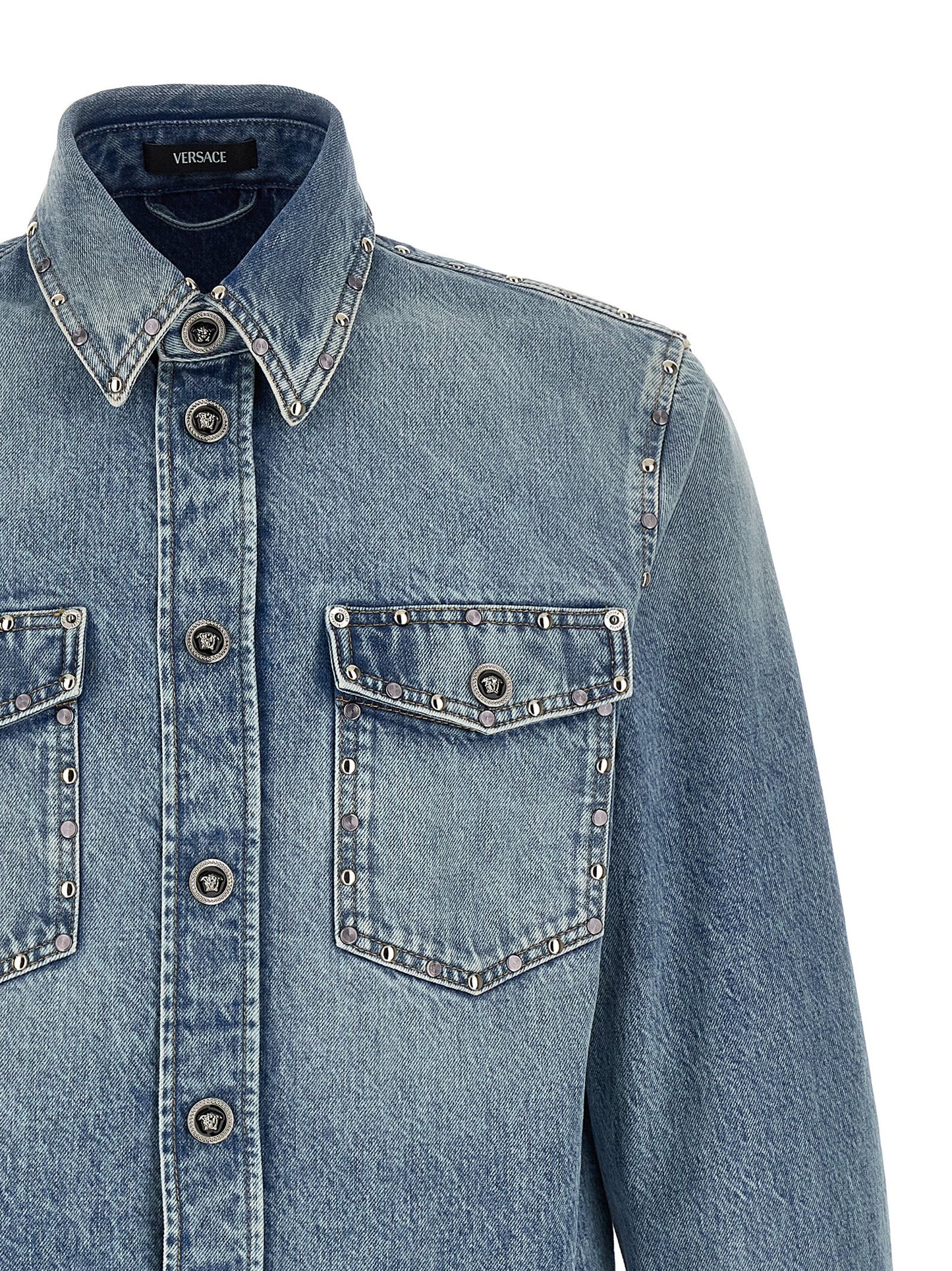Shirt by Versace for men in denim cotton light-blue features an architectural silhouette with a refined and elegant for a architectural look.