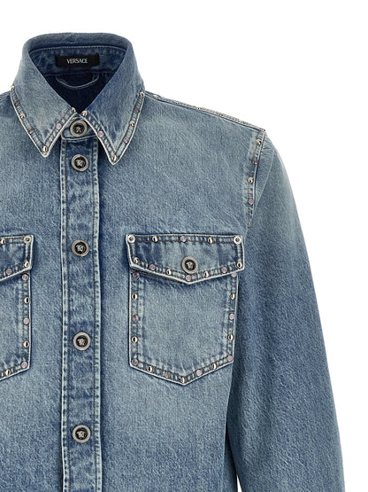 Shirt by Versace for men in denim cotton light-blue features an architectural silhouette with a refined and elegant for a architectural look.