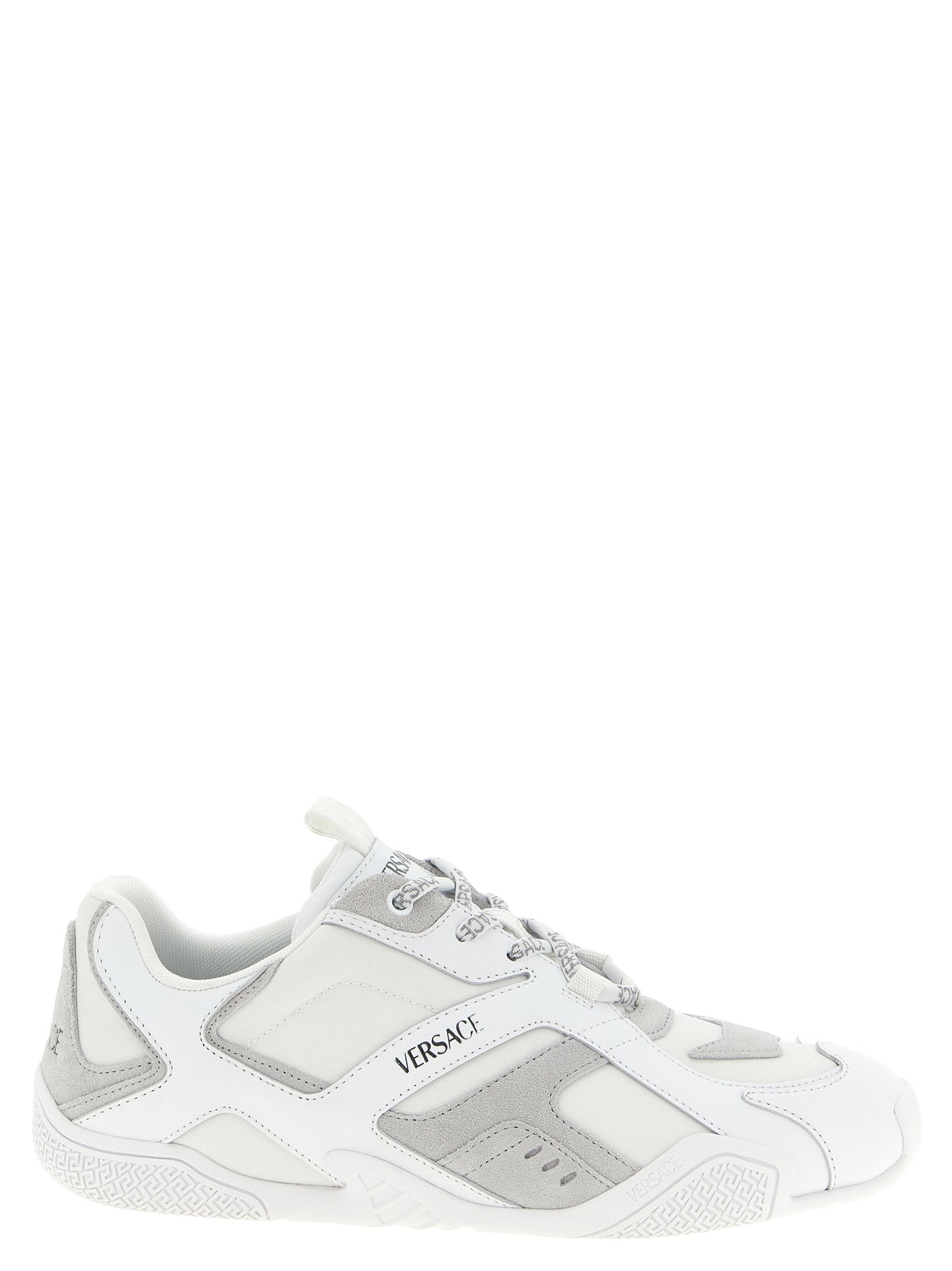 Athletic Sneakers by Versace for men in suede calfskin leather white, patterned & print features an effortless chic silhouette, showcasing the signature athletic style of the Men's Athletic Suede Calfskin Leather Sneakers collection with a truly effortless chic finish.