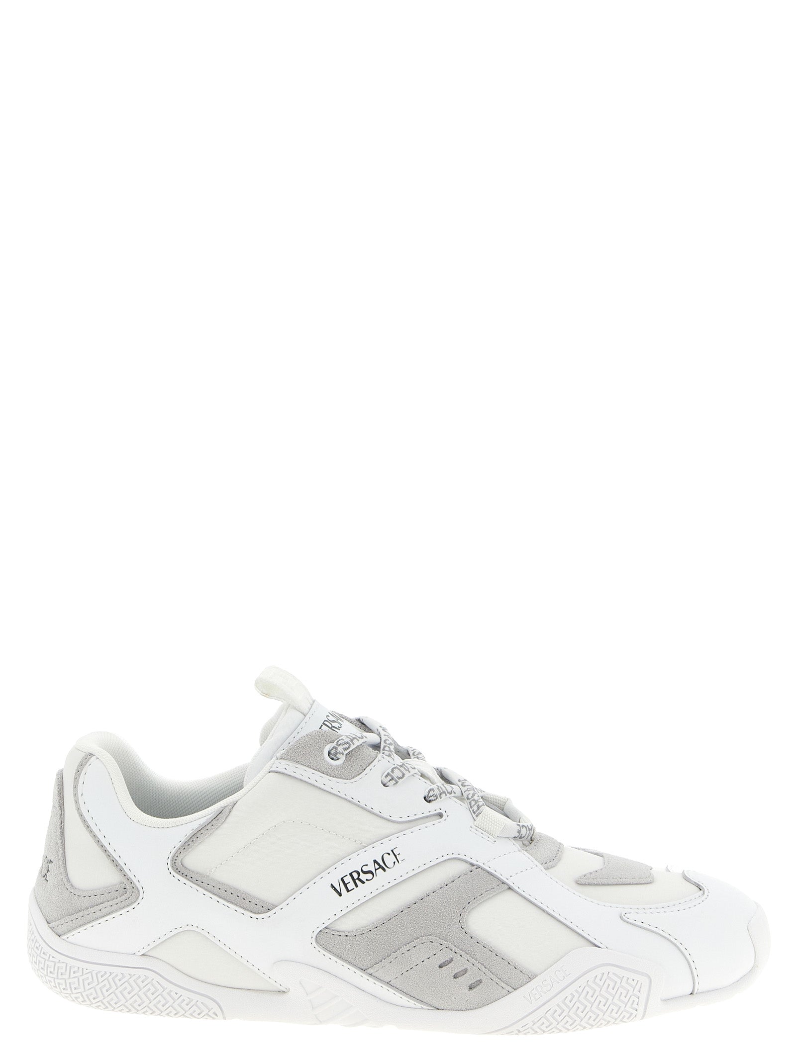Athletic Sneakers by Versace for men in suede calfskin leather white, patterned & print features an effortless chic silhouette, showcasing the signature athletic style of the Men's Athletic Suede Calfskin Leather Sneakers collection with a truly effortless chic finish.