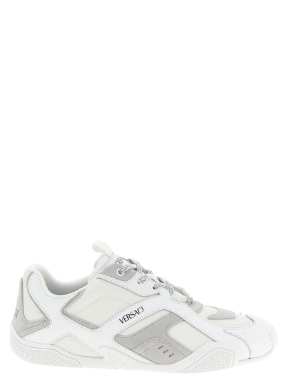 Athletic Sneakers by Versace for men in suede calfskin leather white, patterned & print features an effortless chic silhouette, showcasing the signature athletic style of the Men's Athletic Suede Calfskin Leather Sneakers collection with a truly effortless chic finish.