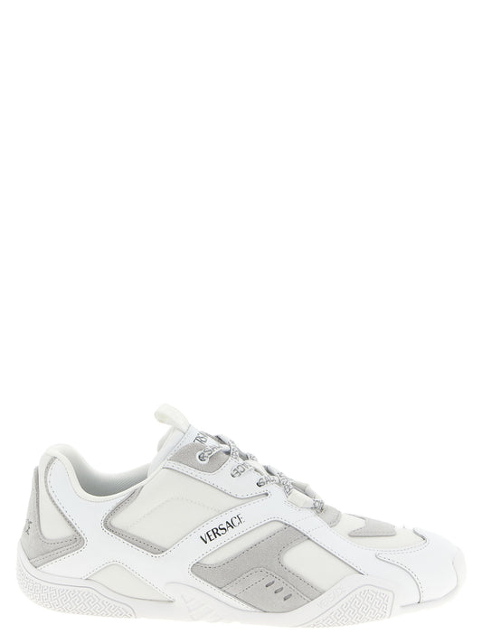 Athletic Sneakers by Versace for men in suede calfskin leather white, patterned & print features an effortless chic silhouette, showcasing the signature athletic style of the Men's Athletic Suede Calfskin Leather Sneakers collection with a truly effortless chic finish.