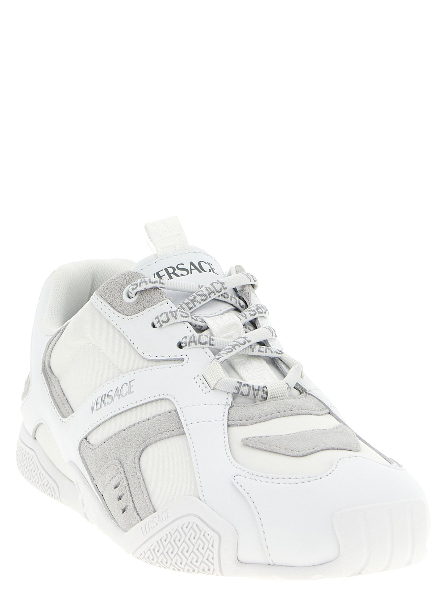 Athletic Sneakers by Versace for men in suede calfskin leather white, patterned & print showcases an impeccable silhouette, defined by an impeccable athletic style design that perfectly captures the essence of the Men's Athletic Suede Calfskin Leather Sneakers.