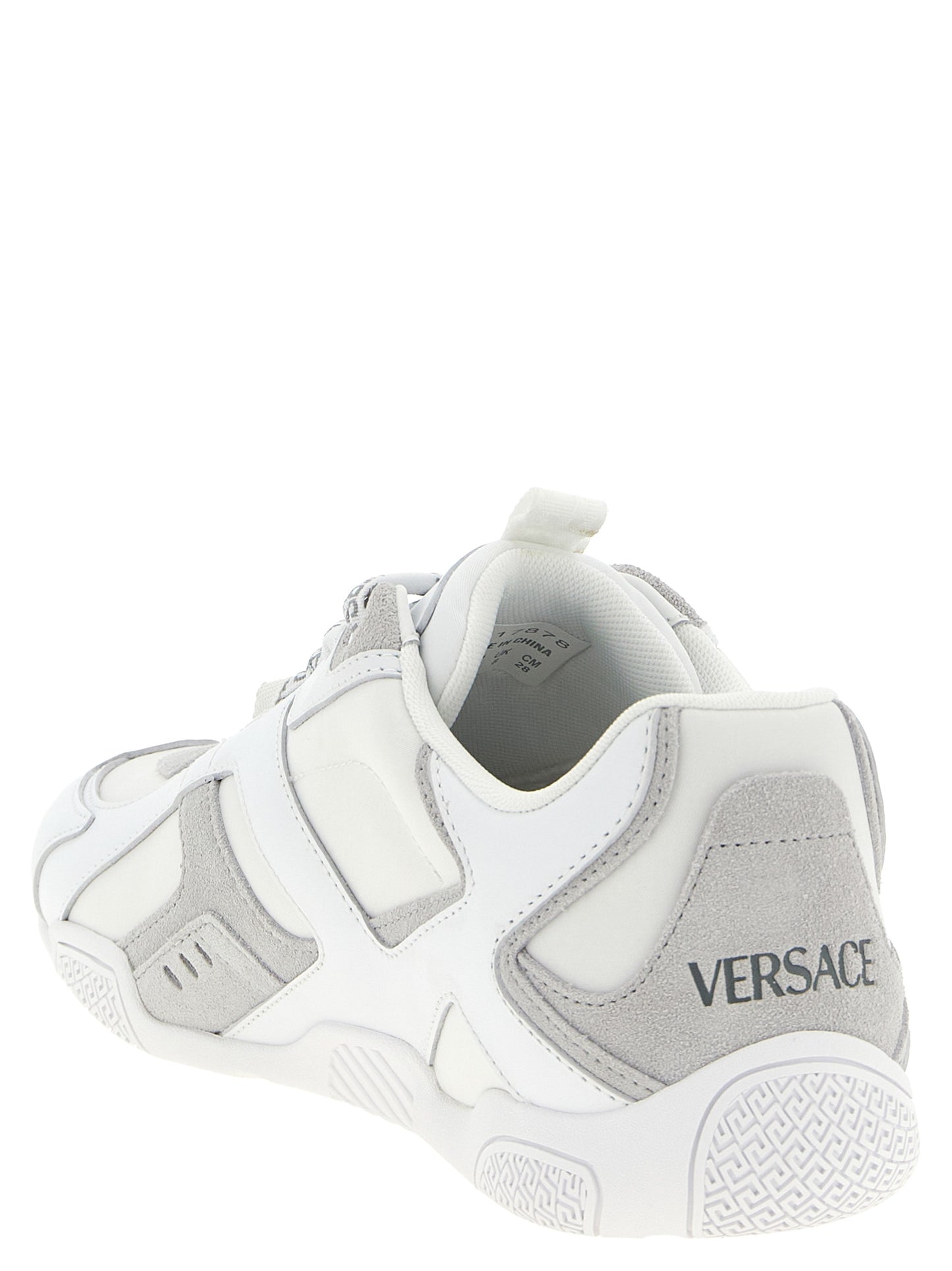 Athletic Sneakers by Versace for men in suede calfskin leather white, patterned & print features an exquisite silhouette, showcasing the premium athletic style of the Men's Athletic Suede Calfskin Leather Sneakers with an exquisite finish.