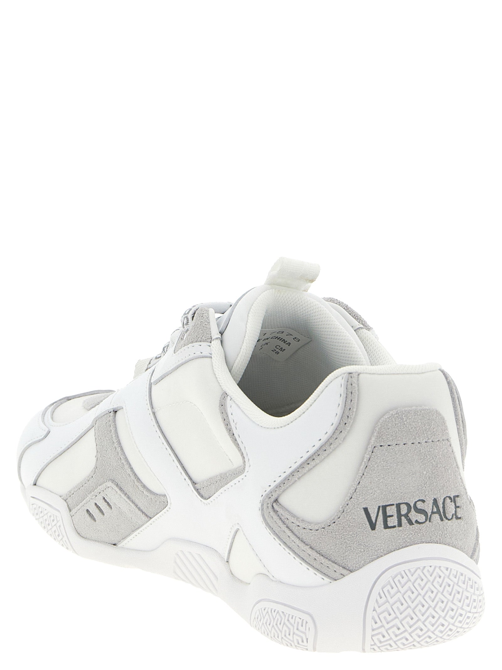 Athletic Sneakers by Versace for men in suede calfskin leather white, patterned & print features an exquisite silhouette, showcasing the premium athletic style of the Men's Athletic Suede Calfskin Leather Sneakers with an exquisite finish.