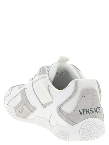 Athletic Sneakers by Versace for men in suede calfskin leather white, patterned & print features an exquisite silhouette, showcasing the premium athletic style of the Men's Athletic Suede Calfskin Leather Sneakers with an exquisite finish.