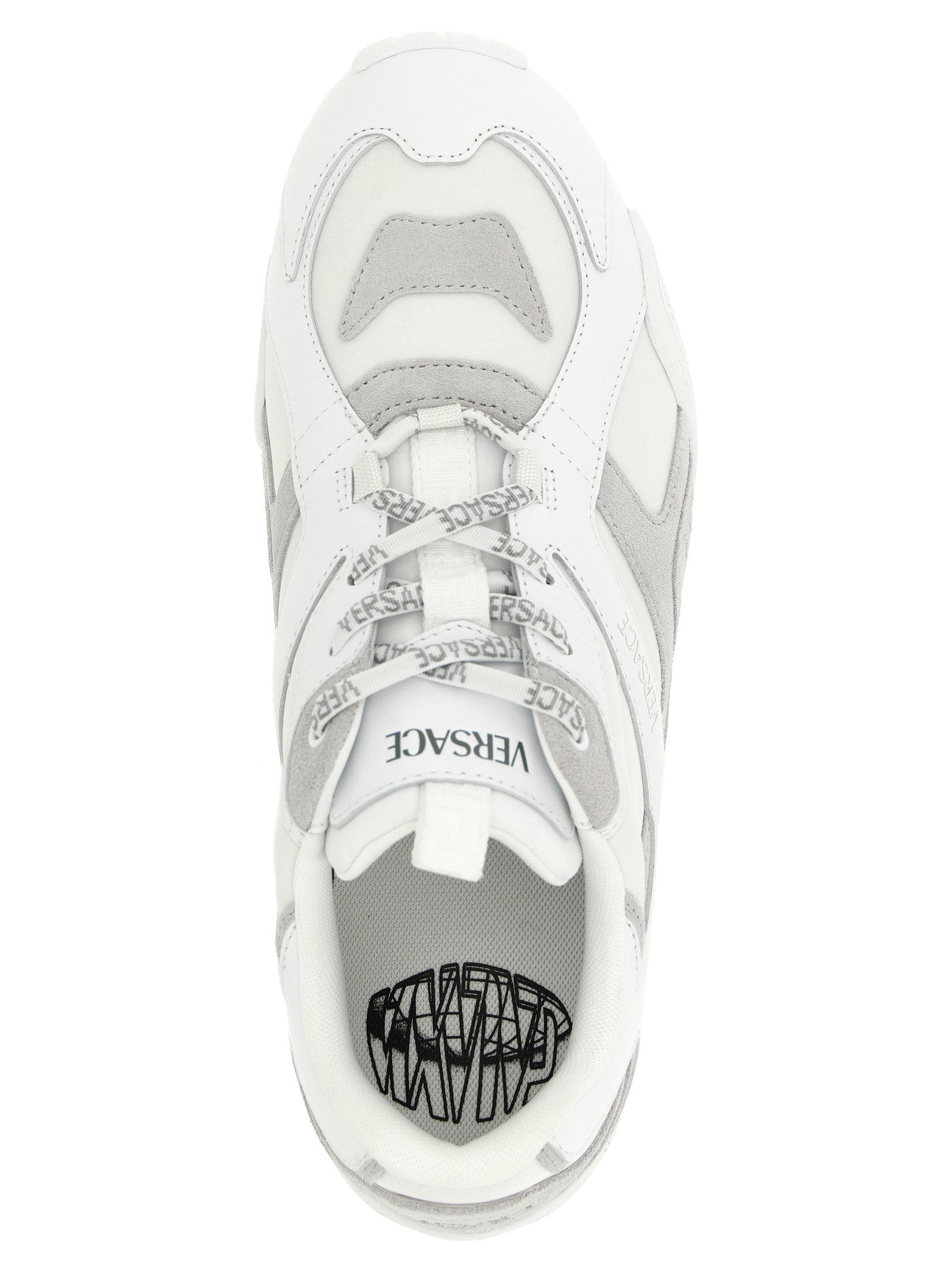 Athletic Sneakers by Versace for men in suede calfskin leather white, patterned & print features an timeless silhouette from the Men's Athletic Suede Calfskin Leather Sneakers collection, showcasing a timeless athletic style for a timeless look.