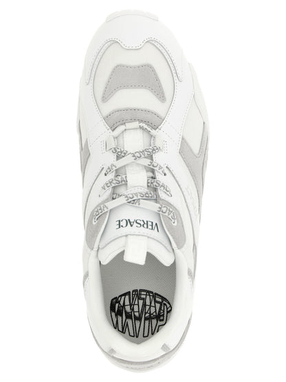 Athletic Sneakers by Versace for men in suede calfskin leather white, patterned & print features an timeless silhouette from the Men's Athletic Suede Calfskin Leather Sneakers collection, showcasing a timeless athletic style for a timeless look.