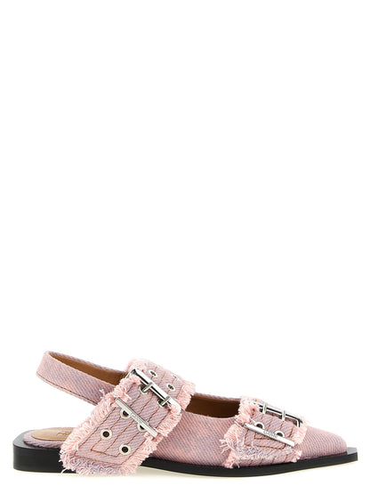 Ballet Slingback Flat Shoes by Ganni for women in organic denim cotton & leather multicolor & pink showcases a resplendent Women's Organic Denim Cotton & Leather Ballet Slingback Flat Shoes aesthetic with a and .