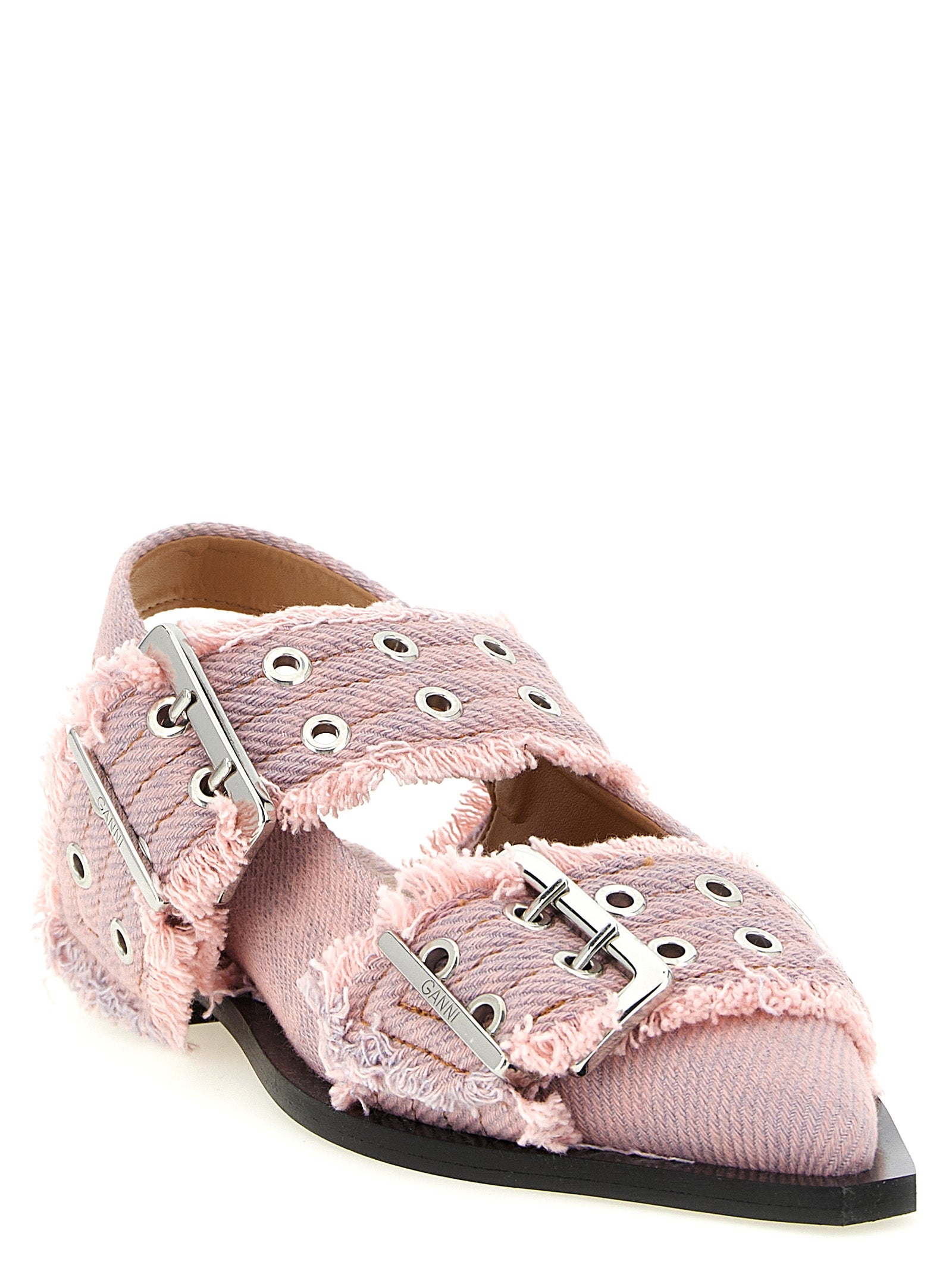 Ballet Slingback Flat Shoes by Ganni for women in organic denim cotton & leather multicolor & pink showcases a dynamic silhouette, artfully capturing Women's Organic Denim Cotton & Leather Ballet Slingback Flat Shoes through its distinctive and elegant .