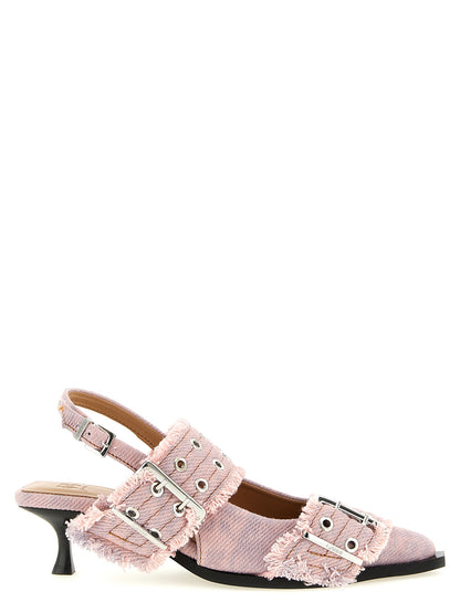 Mid-Heel Spool Slingback Pumps Heels by Ganni for women in organic cotton denim multicolor & pink features a effortlessly chic Women's Organic Cotton Denim Mid-Heel Spool Slingback Pumps Heels design with a sophisticated mid-heel spool-heel and elegant .