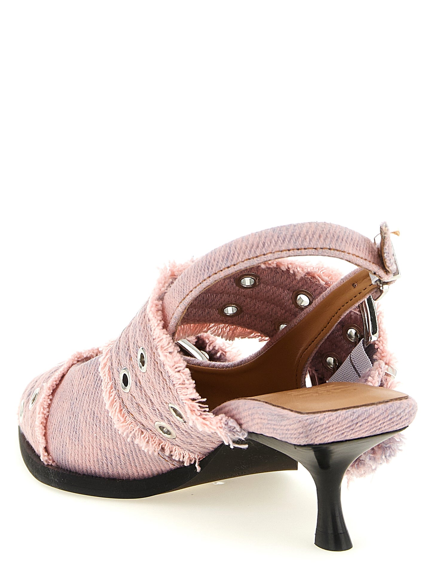 Mid-Heel Spool Slingback Pumps Heels by Ganni for women in organic cotton denim multicolor & pink features a effortless chic silhouette, showcasing the Women's Organic Cotton Denim Mid-Heel Spool Slingback Pumps Heels design with a effortless chic mid-heel spool-heel and for a effortless chic finish.