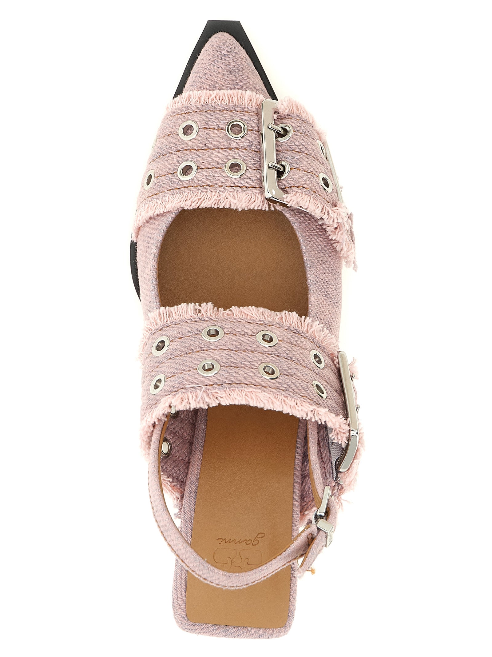 Mid-Heel Spool Slingback Pumps Heels by Ganni for women in organic cotton denim multicolor & pink features an captivating silhouette, showcasing the elegant Women's Organic Cotton Denim Mid-Heel Spool Slingback Pumps Heels design with a mid-heel spool-heel and a sophisticated .