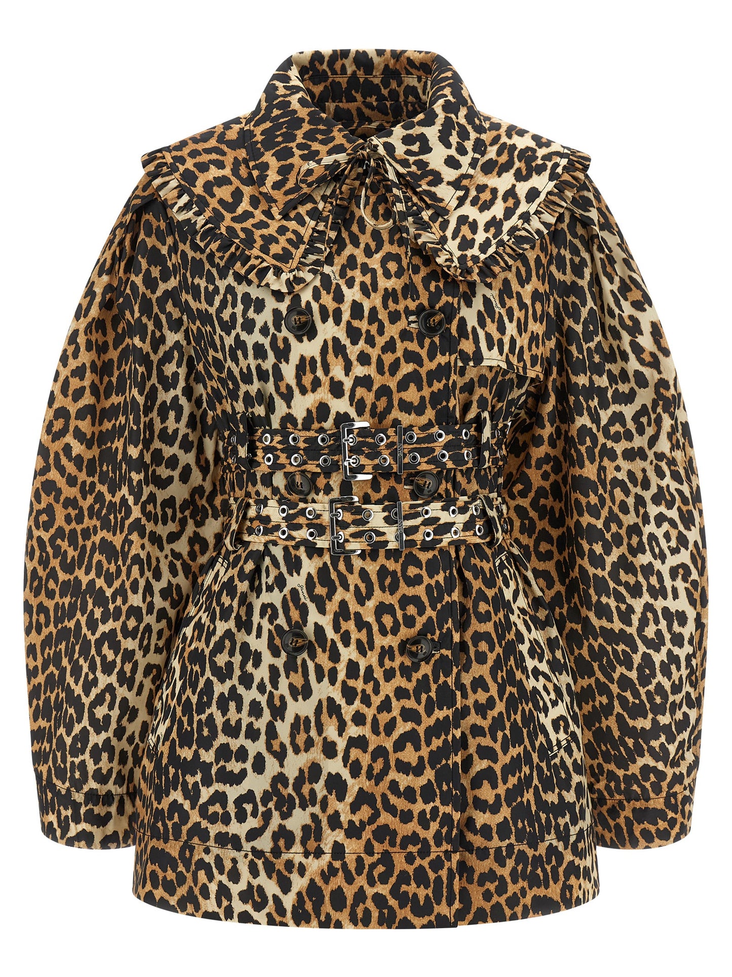 This Ganni women nylon Trench Coat in brown, leopard-print & print presents a high style silhouette, meticulously detailed with pockets and a high style lapel neckline for a sophisticated, timeless look.