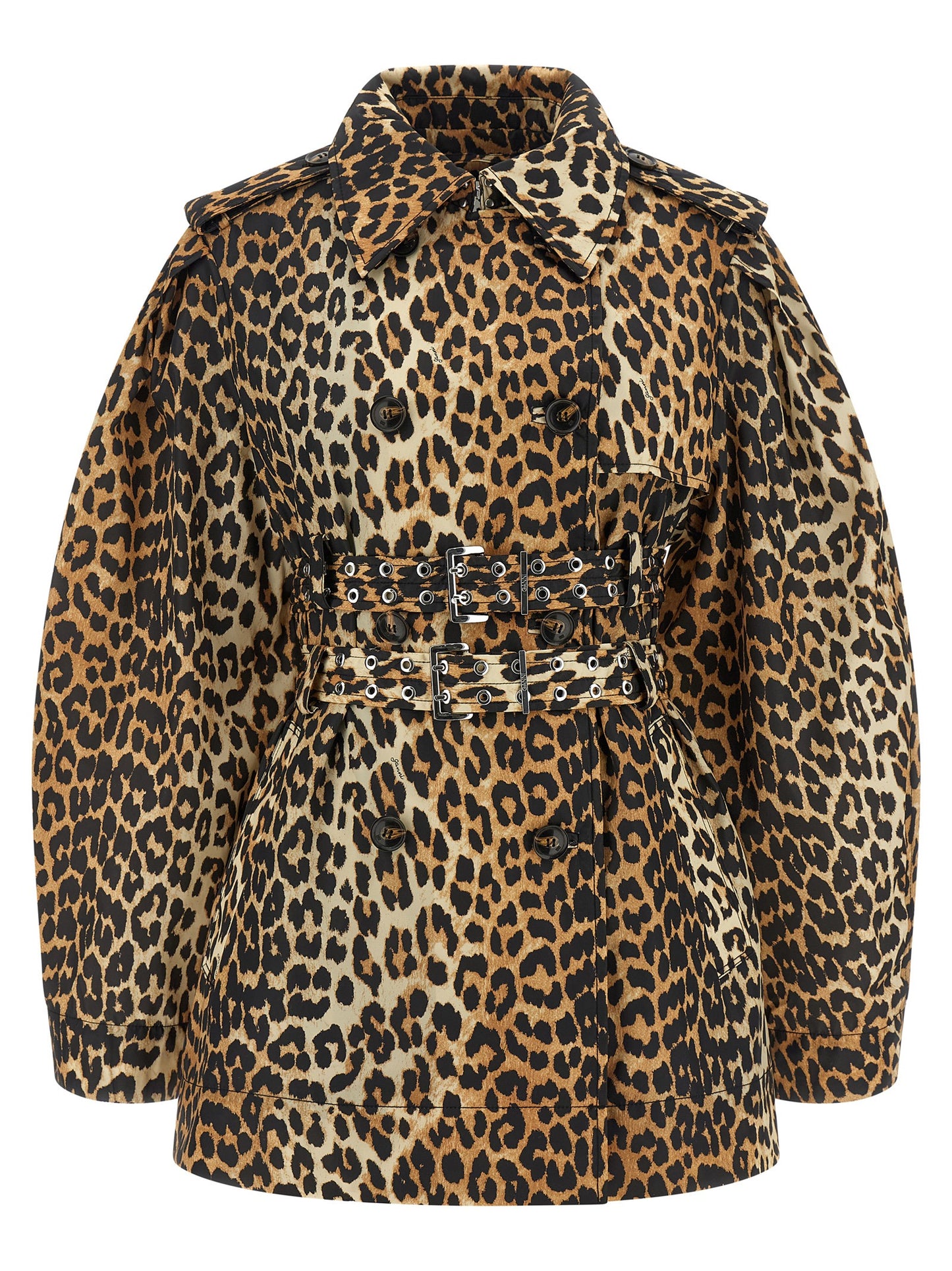 Trench Coat by Ganni for women in nylon brown, leopard-print & print presents a utilitarian silhouette, showcasing a utilitarian lapel neckline and sophisticated pockets for a truly utilitarian look.