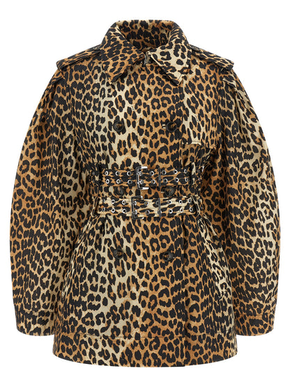 Trench Coat by Ganni for women in nylon brown, leopard-print & print presents a utilitarian silhouette, showcasing a utilitarian lapel neckline and sophisticated pockets for a truly utilitarian look.