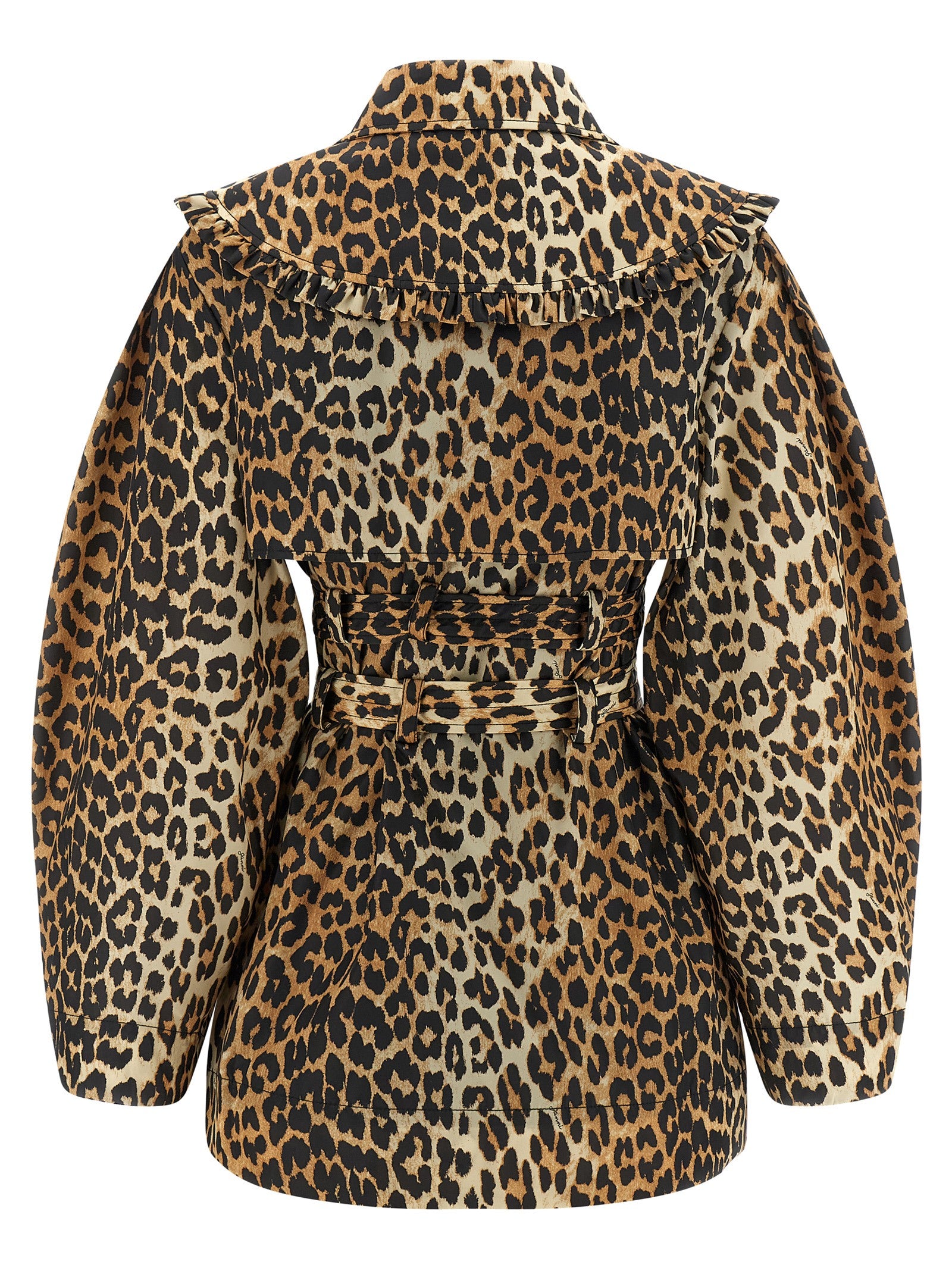 Trench Coat by Ganni for women in nylon and brown, leopard-print & print presents a exquisite silhouette, showcasing a exquisite lapel neckline and functional pockets for an elevated aesthetic.