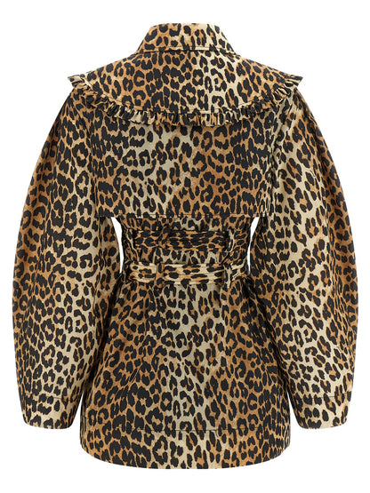 Trench Coat by Ganni for women in nylon and brown, leopard-print & print presents a exquisite silhouette, showcasing a exquisite lapel neckline and functional pockets for an elevated aesthetic.