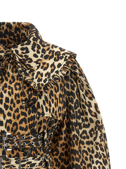 Trench Coat by Ganni for women in nylon brown, leopard-print & print presents a utilitarian silhouette, showcasing a utilitarian lapel neckline and sophisticated pockets for a truly utilitarian look.