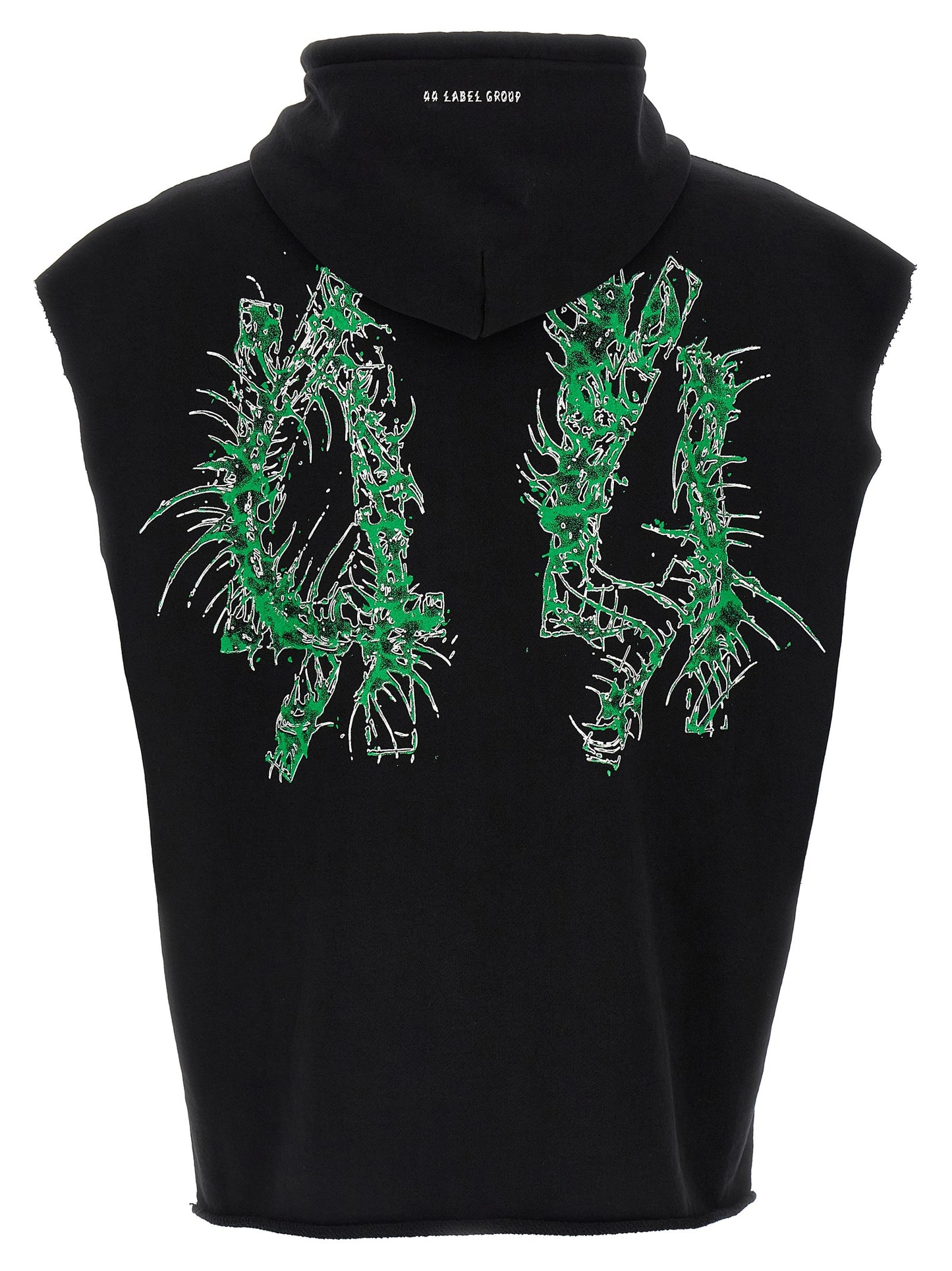 Sweatshirt Hoodie by 44 Label Group for men in cotton black & print features a slouchy chic silhouette, detailed with a slouchy chic and a signature hooded neckline for an elevated aesthetic.