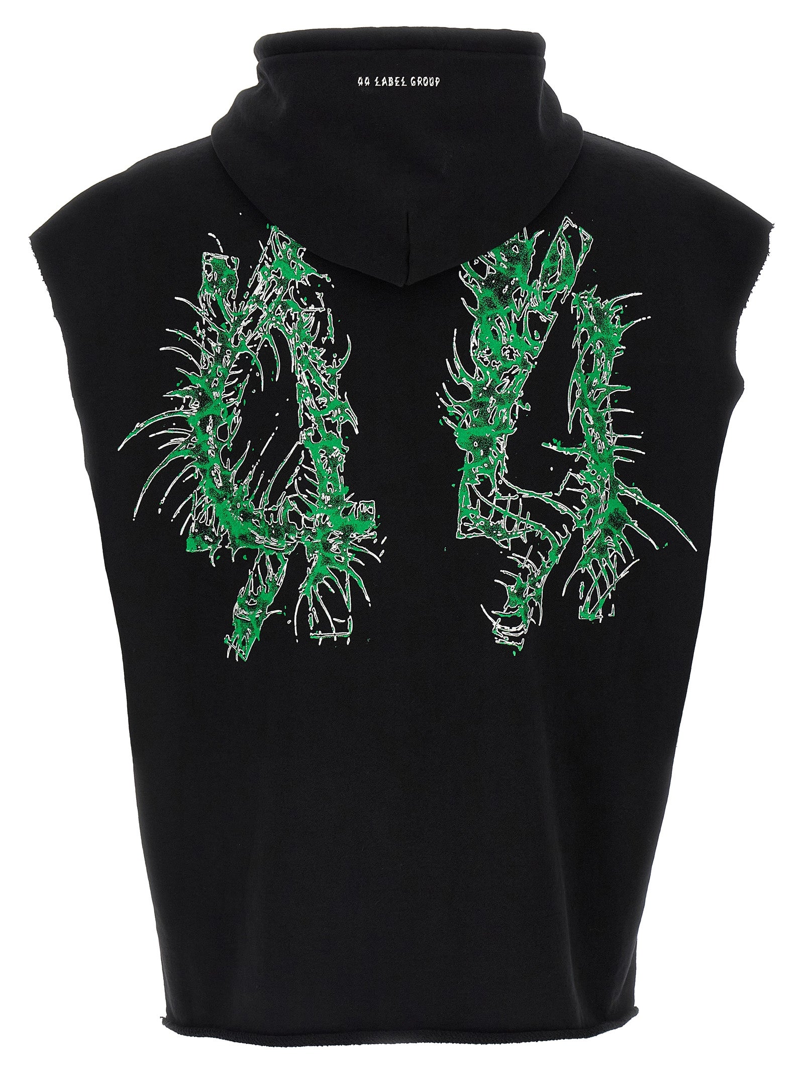 Sweatshirt Hoodie by 44 Label Group for men in cotton black & print features a slouchy chic silhouette, detailed with a slouchy chic and a signature hooded neckline for an elevated aesthetic.