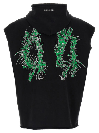 Sweatshirt Hoodie by 44 Label Group for men in cotton black & print features a slouchy chic silhouette, detailed with a slouchy chic and a signature hooded neckline for an elevated aesthetic.