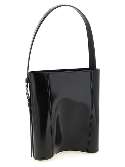 Shoulder Bucket Bag by Coperni for women in bos taurus calf suede leather black presents a statuesque silhouette, showcasing a secure and statuesque with versatile shoulder-strap, adjustable-strap & handle for a sophisticated look.