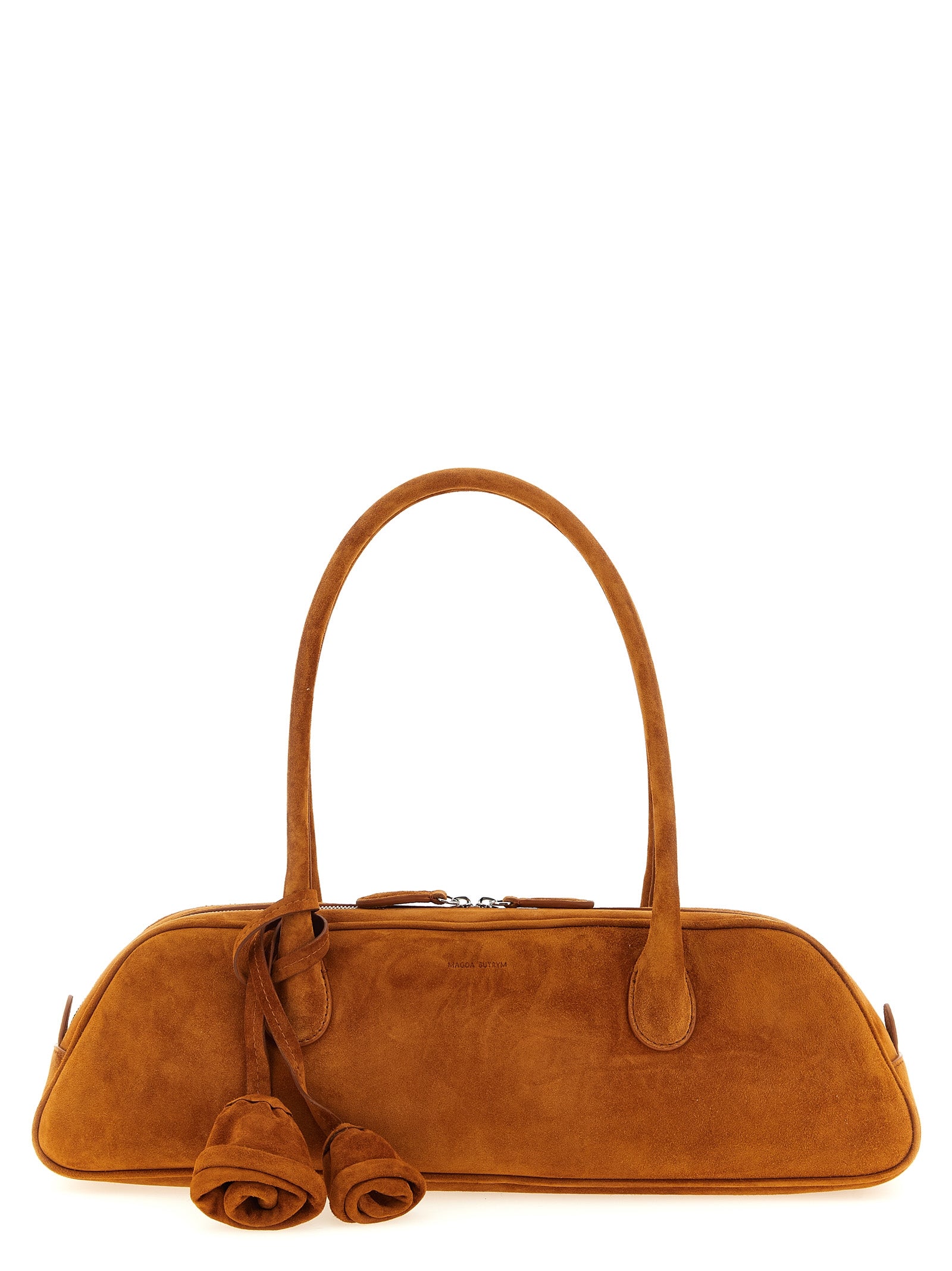 Shoulder Trapeze Bag by Magda Butrym for women in suede calfskin leather brown, rose & signature features a effortless sophistication silhouette, secured by a zipper with ample and versatile shoulder-strap & handle for a effortless sophistication finish.