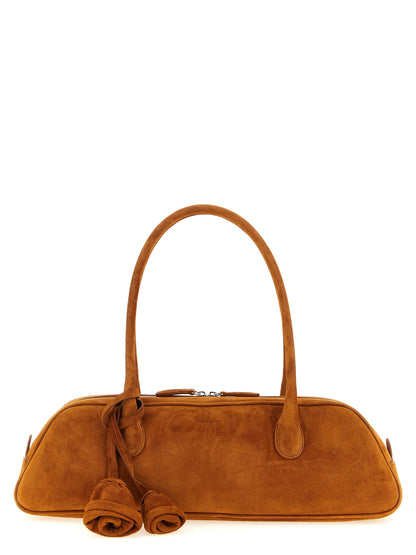 Shoulder Trapeze Bag by Magda Butrym for women in suede calfskin leather brown, rose & signature features a effortless sophistication silhouette, secured by a zipper with ample and versatile shoulder-strap & handle for a effortless sophistication finish.