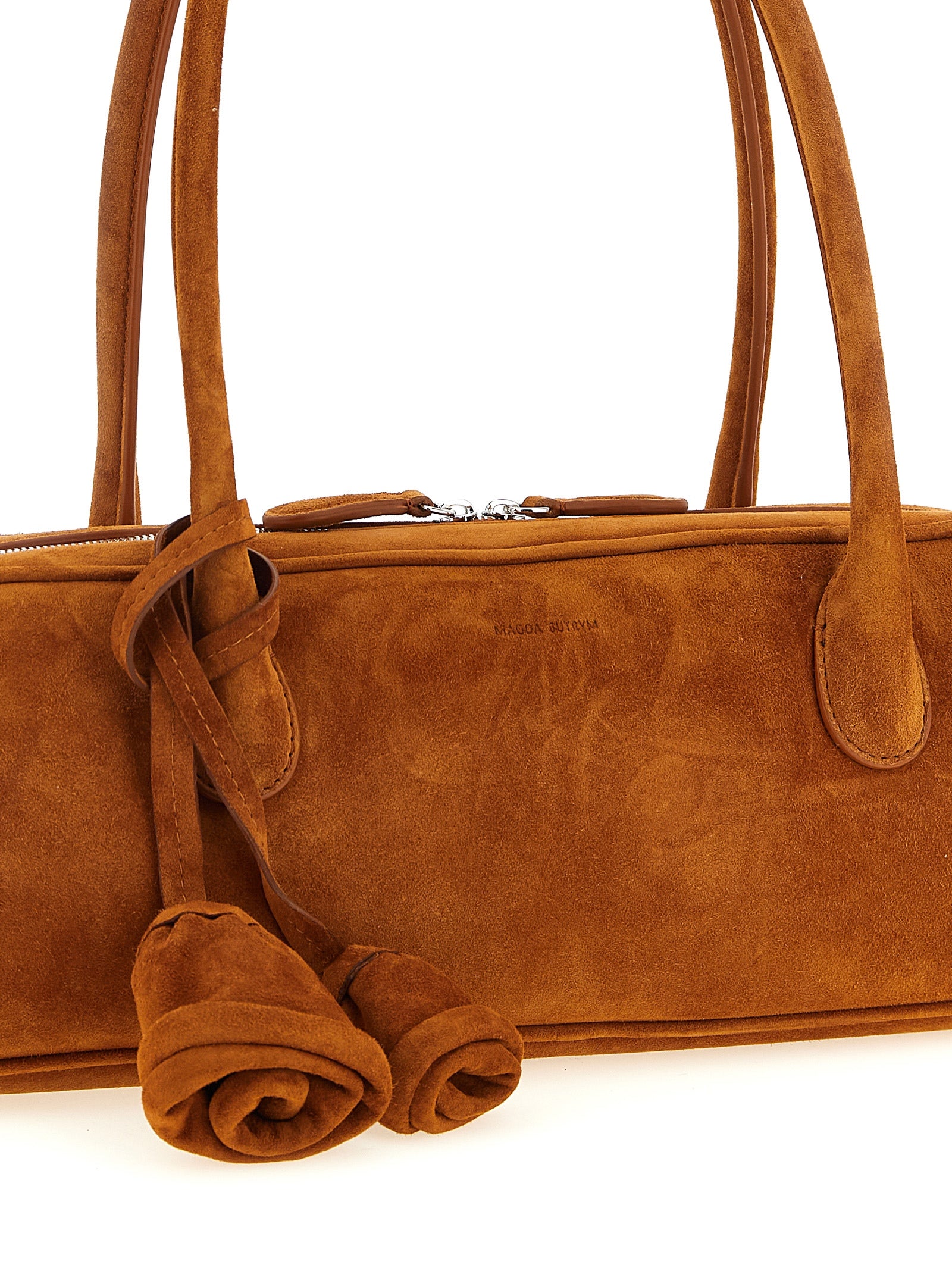 Shoulder Trapeze Bag by Magda Butrym for women in suede calfskin leather brown, rose & signature features a effortless chic silhouette with a secure zipper, ample , and versatile shoulder-strap & handle for a effortless chic finish.